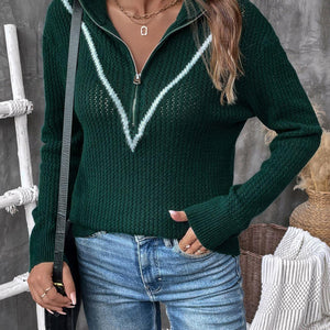 Perfee Contrast Half Zip Long Sleeve Sweater