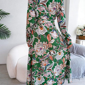 Tied Printed Long Sleeve Midi Dress