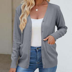 Pocketed V-Neck Button Up Long Sleeve Cardigan