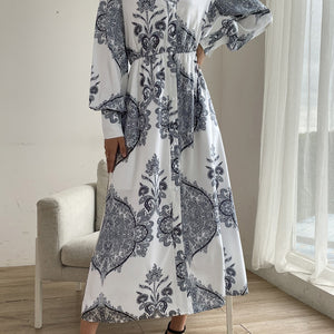 Printed Notched Lantern Sleeve Midi Dress