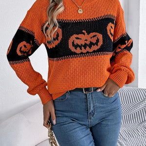 Pumpkin Round Neck Long Sleeve Sweater