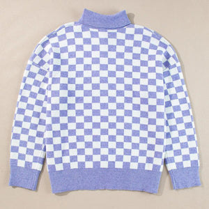 Plus Size Checkered Collared Neck Long Sleeve Sweater