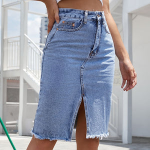 Raw Hem Slit Denim Skirt