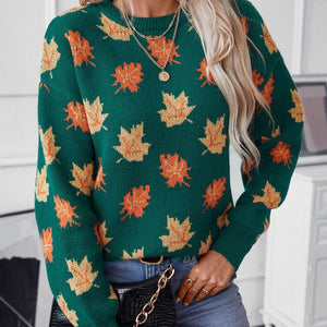 Maple Leaf Round Neck Long Sleeve Sweater