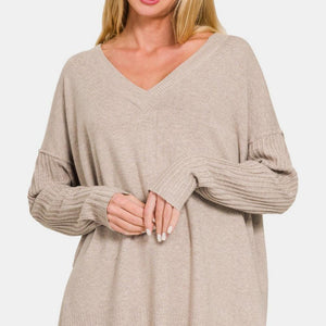 Zenana V-Neck Side Slit High-Low Sweater