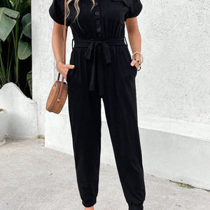 Perfee V-Neck Short Sleeve Jumpsuit