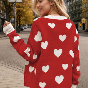 Heart Button Up Dropped Shoulder Long Sleeve Cardigan