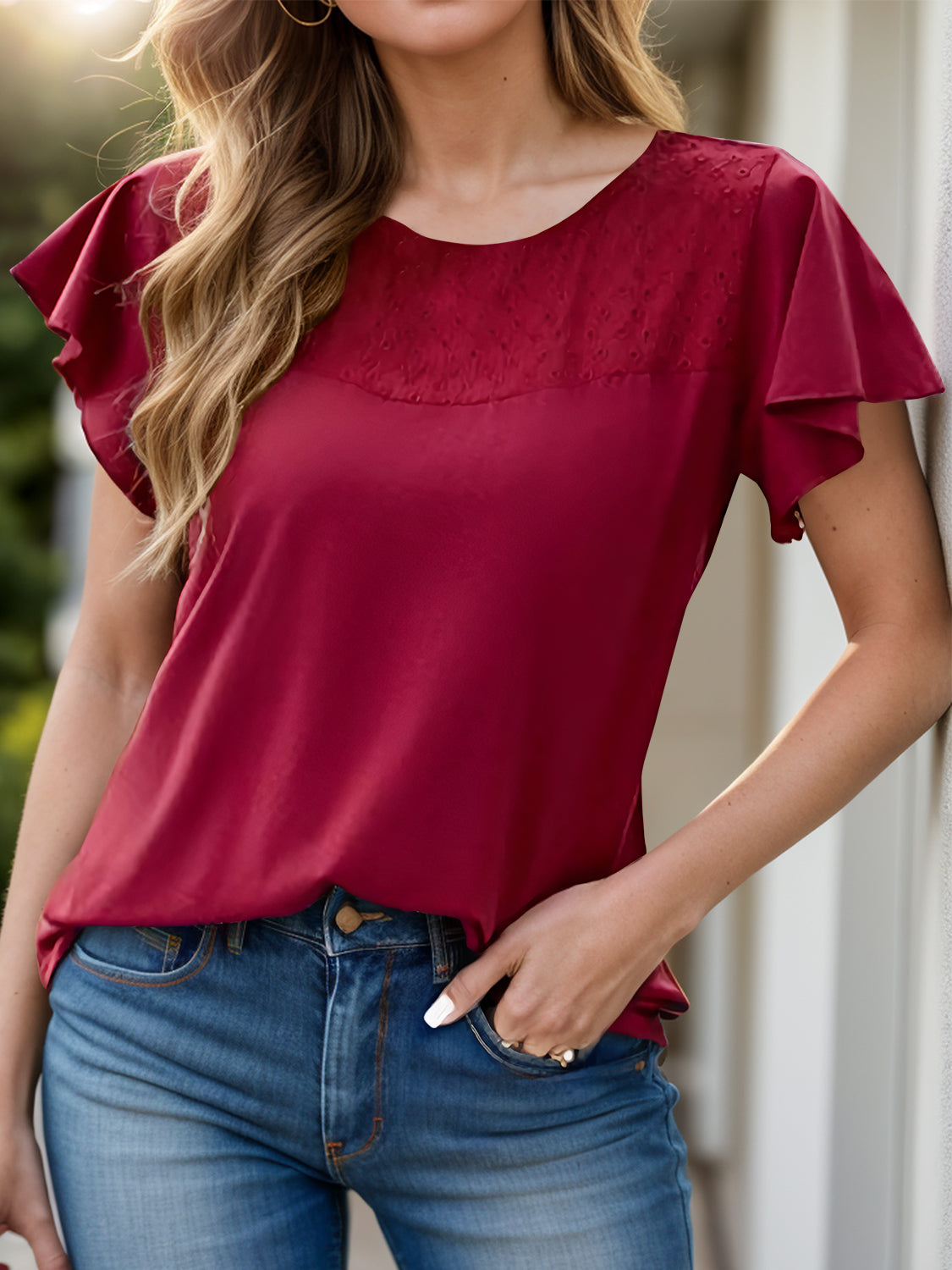 Full Size Ruffled Round Neck Short Sleeve Blouse