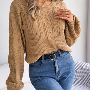 Cable-Knit Round Neck Drop Shoulder Sweater