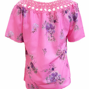 Full Size Printed Tie Neck Short Sleeve Blouse