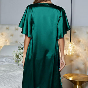 Satin Flutter Sleeve Side Slit V-Neck Night Dress