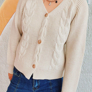 Cable-Knit V-Neck Button Down Long Sleeve Cardigan