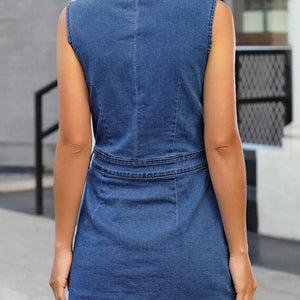 Full Size Button Up V-Neck Sleeveless Denim Dress