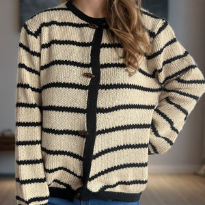 Striped Round Neck Long Sleeve Cardigan