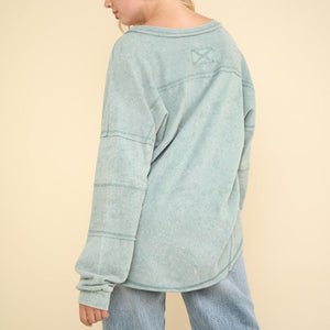 VERY J Washed V-Neck Exposed Seam Knit Top