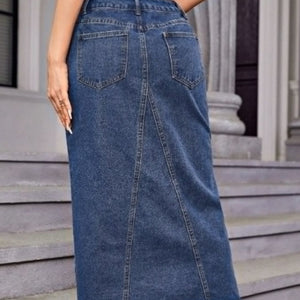 Slit Midi Denim Skirt with Pockets