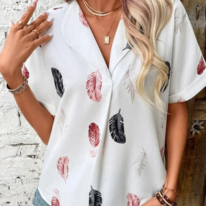 Full Size Printed Collared Neck Short Sleeve Blouse