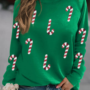 Candy Cane Round Neck Long Sleeve Sweatshirt