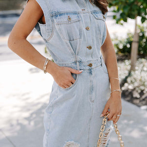 Distressed Half Button Sleeveless Denim Dress