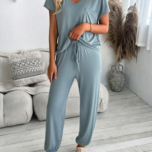 Devine V-Neck Short Sleeve Top and Pants Set