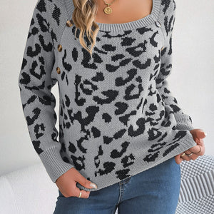 Leopard Buttoned Square Neck Sweater