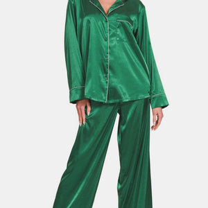 Zenana Satin Long Sleeve Shirt and Pants Pajama Set