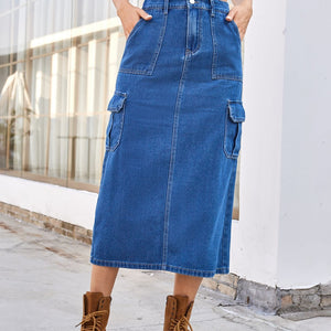 Slit Midi Denim Skirt with Pockets