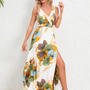 Slit Tied Printed Surplice Dress