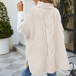 Cable-Knit Turtleneck Slit Sweater