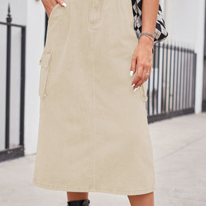 Slit Buttoned Denim Skirt with Pockets