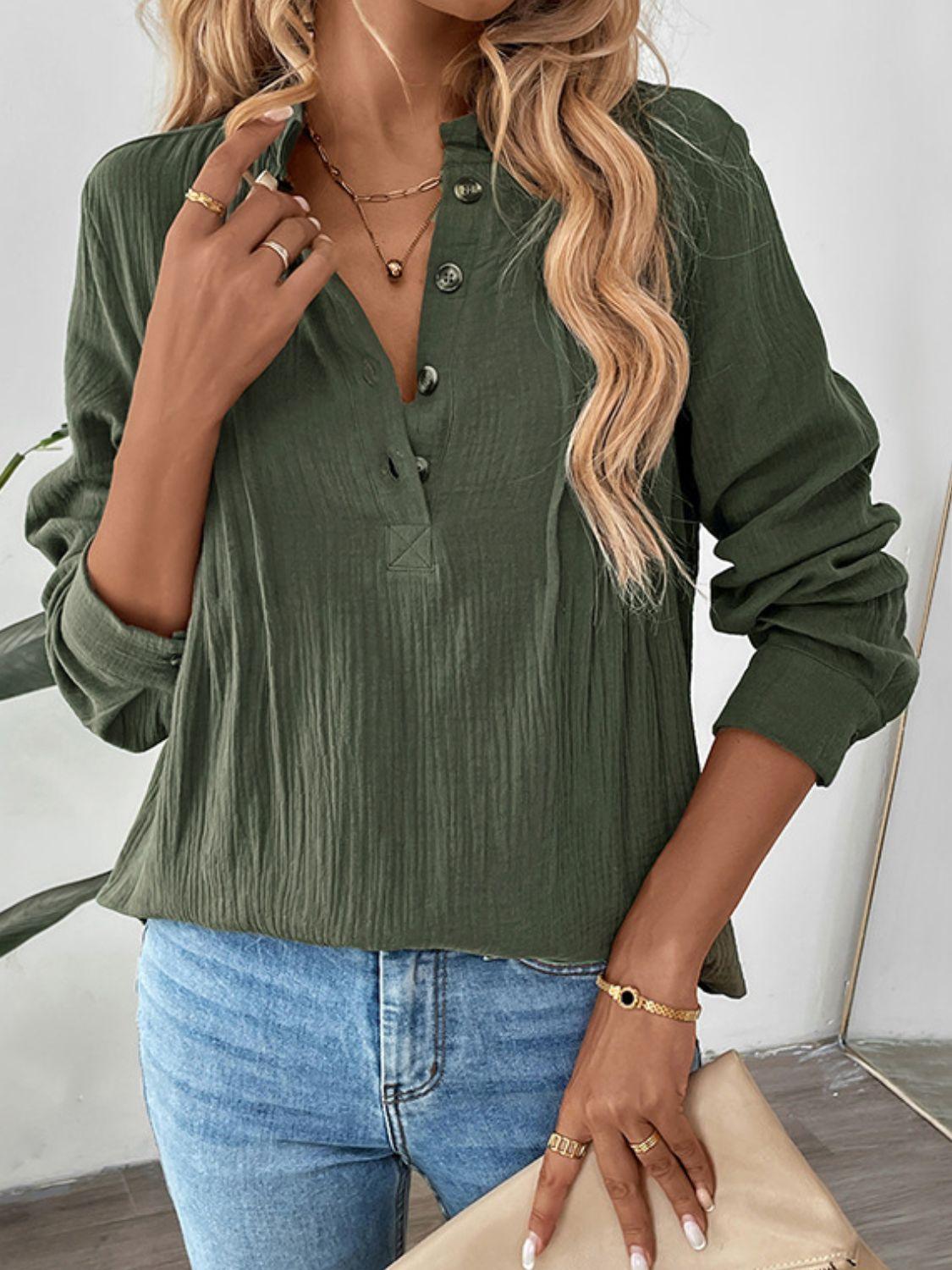 Perfee Textured Notched Long Sleeve Blouse