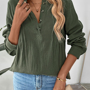 Perfee Textured Notched Long Sleeve Blouse