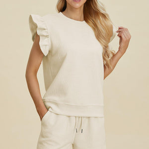 Double Take Full Size Texture Round Neck Ruffle Sleeve Top and Shorts Set