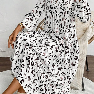 Tiered Leopard Notched Three-Quarter Sleeve Dress