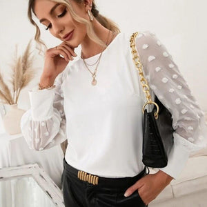 Swiss Dot Round Neck Long Sleeve Blouse