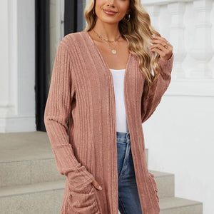 Pocketed Open Front Long Sleeve Cardigan