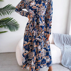 Tied Printed Long Sleeve Midi Dress