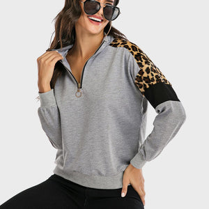 Perfee Contrast Leopard Half Zip Long Sleeve Sweatshirt