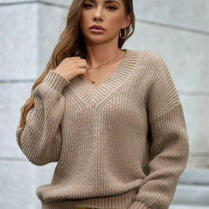 V-Neck Dropped Shoulder Long Sleeve Sweater