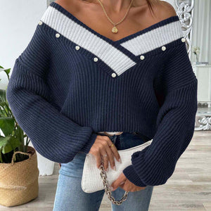 Contrast Trim Dropped Shoulder Long Sleeve Sweater