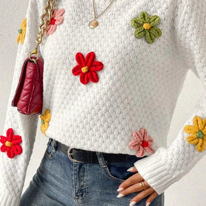 Crochet Flower Round Neck Sweater