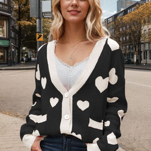 Heart Button Up Dropped Shoulder Long Sleeve Cardigan