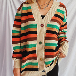 Contrast Stripes Button Up Long Sleeve Cardigan