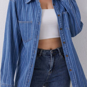 Striped Texture Collared Neck Denim Top