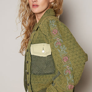 POL Embroidered Sleeve Raw Edge Quilted Jacket