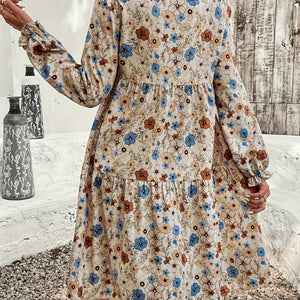 Ruffled Printed Round Neck Long Sleeve Dress