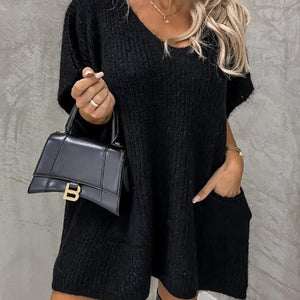 V-Neck Short Sleeve Sweater with Pockets