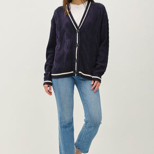 Be Cool Contrast Trim Cable-Knit V-Neck Cardigan