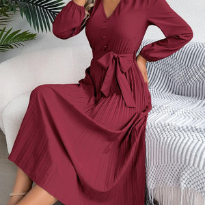 Pleated Tied V-Neck Long Sleeve Dress