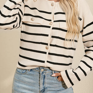 Striped Button Up Round Neck Cardigan